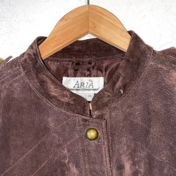 VTG Aria Brown Suede Leather Jacket Womens XL Equestrian Military Brass Button - Picture 2 of 11